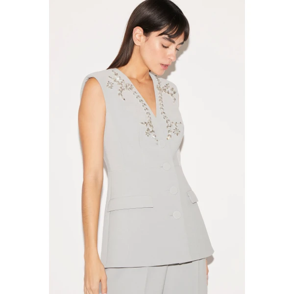 Huishan Zhang Sigrid Jacket in Grey Crepe, view 4