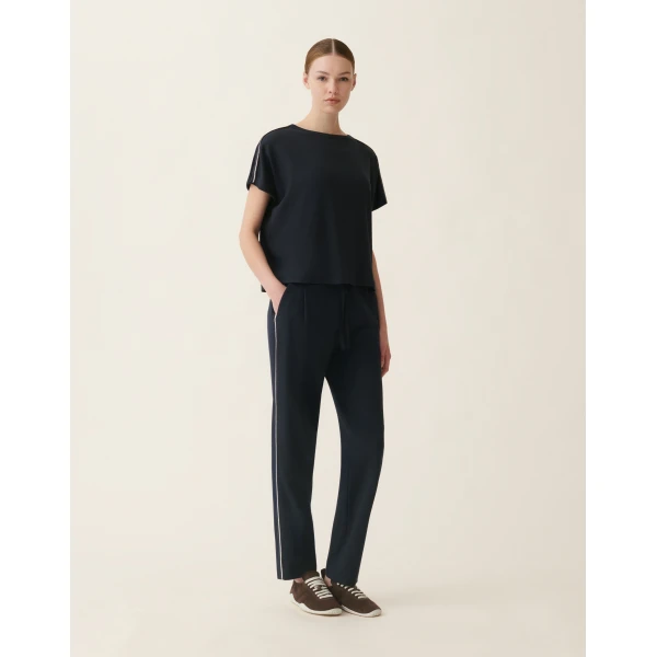 Fabiana Filippi Ribbed Cotton Jersey T-shirt in Midnight Blue Top, view 2
