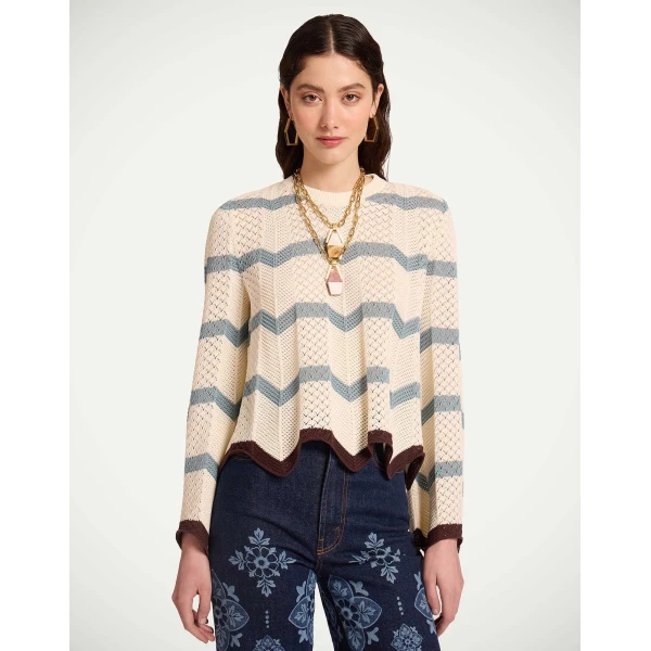 La DoubleJ Chevron Crop Sweater in Color Block Ivory & Blue, view 2