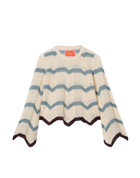 La DoubleJ Chevron Crop Sweater in Color Block Ivory & Blue - Knitwear - Milanese Maximalist Fashion at Luxury Shoes 