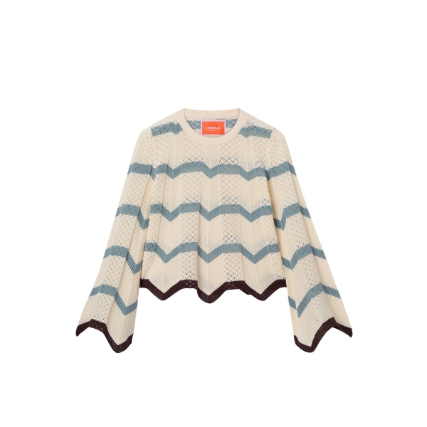 La DoubleJ Chevron Crop Sweater in Color Block Ivory & Blue - Knitwear - Milanese Maximalist Fashion at Luxury Shoes 