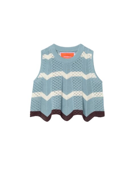 La DoubleJ Chevron Top in Color Block Blue & Ivory - Knitwear - Milanese Maximalist Fashion at Luxury Shoes 