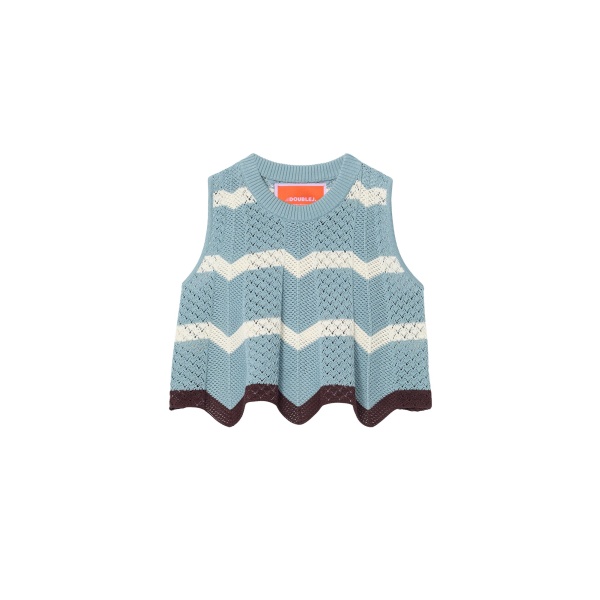 La DoubleJ Chevron Top in Color Block Blue & Ivory - Knitwear - Milanese Maximalist Fashion at Luxury Shoes 
