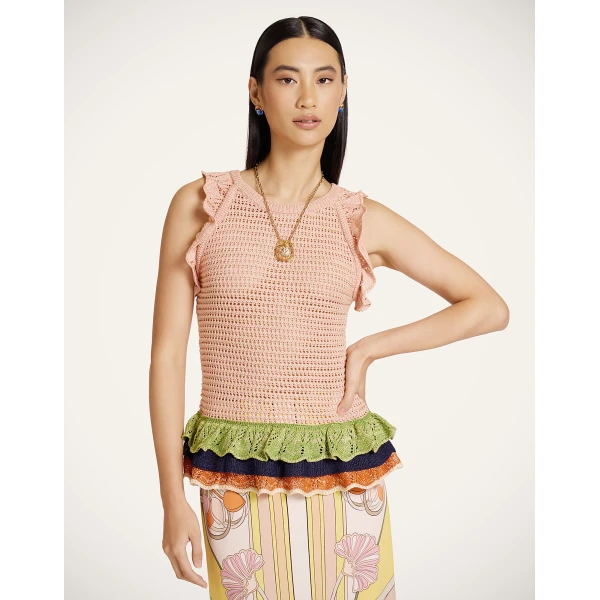 La DoubleJ Eight Counts Crop Top in Color Block Pink & Green, view 2