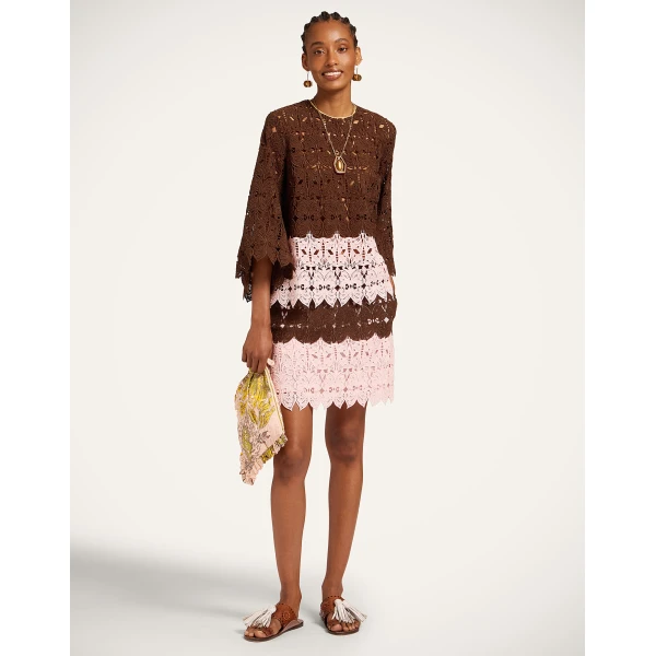 La DoubleJ Lacey Mini Baia Skirt in Color Block Chocolate & Pink, view 2