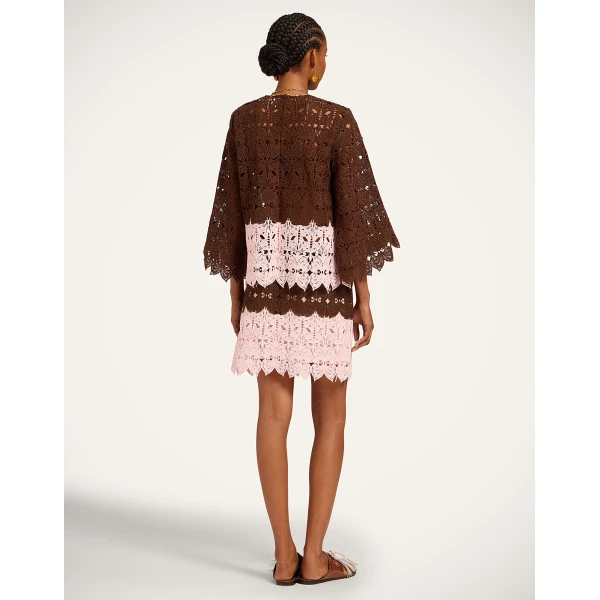 La DoubleJ Lacey Mini Baia Skirt in Color Block Chocolate & Pink, view 3