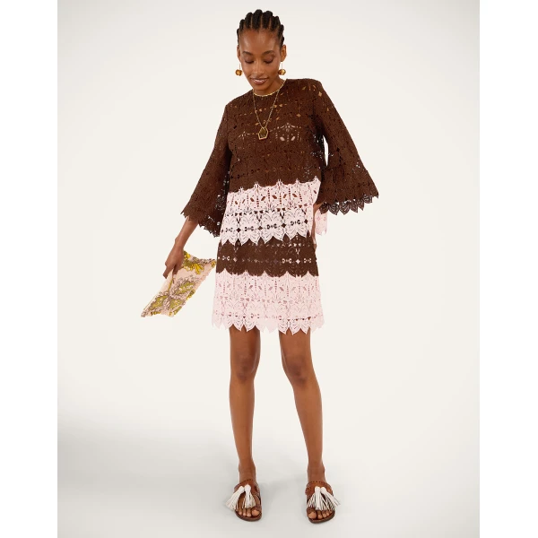 La DoubleJ Lacey Mini Baia Skirt in Color Block Chocolate & Pink, view 4