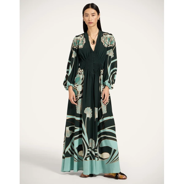 La DoubleJ Long Camerino Dress in Blooming Tulip Placée Dark Green, view 2