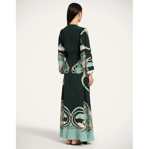 La DoubleJ Long Camerino Dress in Blooming Tulip Placée Dark Green, view 3