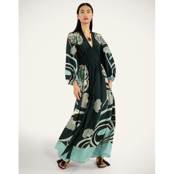 La DoubleJ Long Camerino Dress in Blooming Tulip Placée Dark Green, view 4