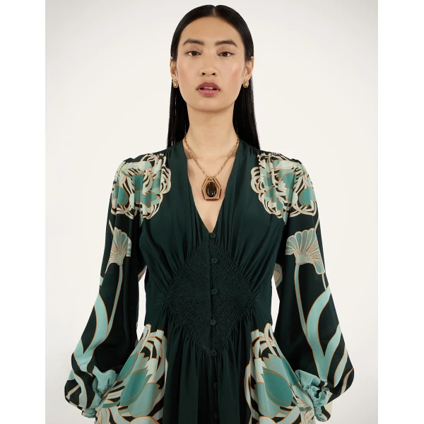 La DoubleJ Long Camerino Dress in Blooming Tulip Placée Dark Green, view 5