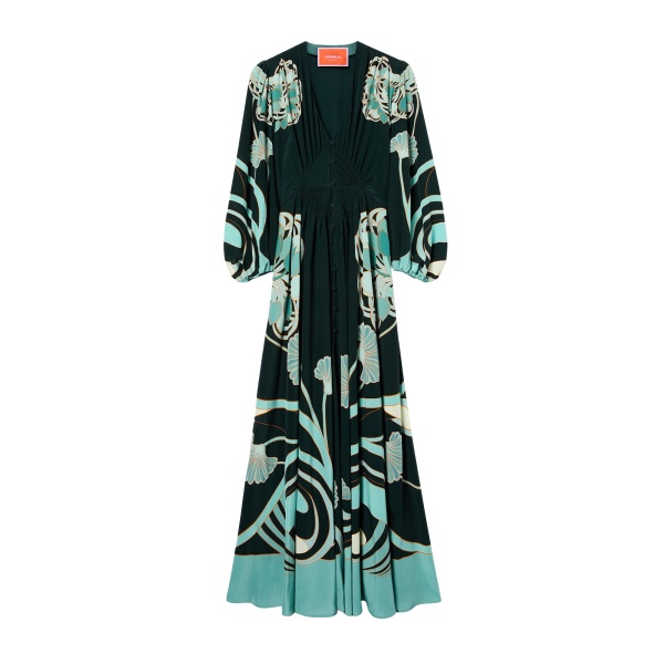 La DoubleJ Long Camerino Dress in Blooming Tulip Placée Dark Green - Dresses - Milanese Maximalist Fashion at Luxury Shoes 
