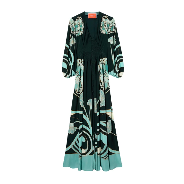 La DoubleJ Long Camerino Dress in Blooming Tulip Placée Dark Green