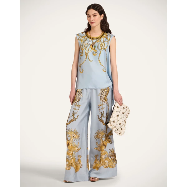 La DoubleJ Palazzo Pants in Oceania Placée Light Blue, view 2