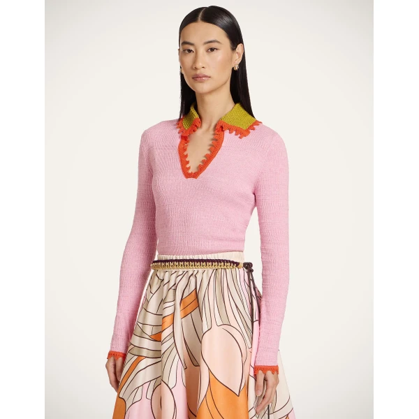 La DoubleJ Picket Polo Jumper in Solid Pink Knit, view 2