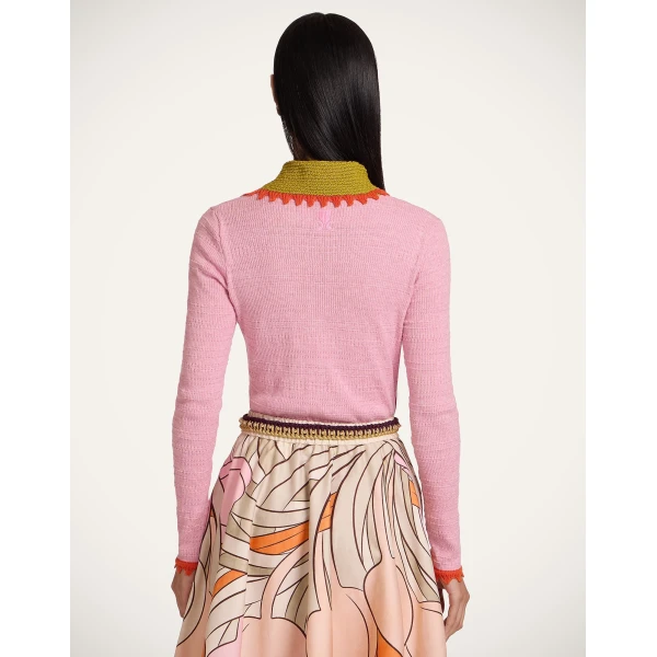 La DoubleJ Picket Polo Jumper in Solid Pink Knit, view 3