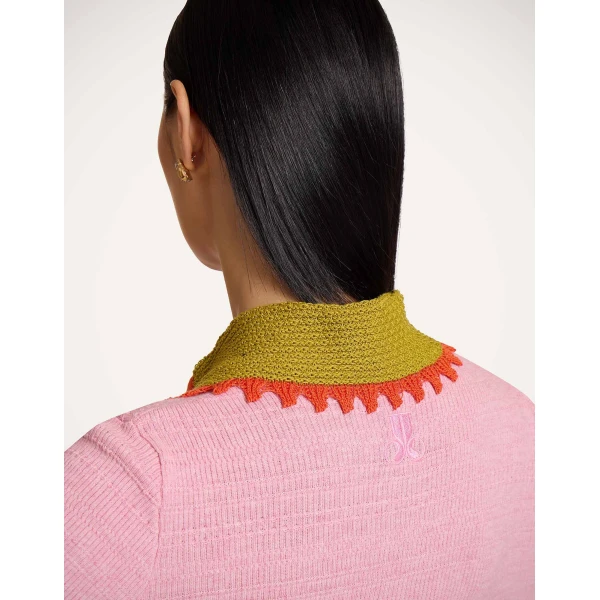 La DoubleJ Picket Polo Jumper in Solid Pink Knit, view 4