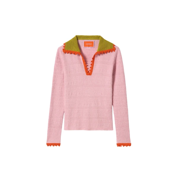 La DoubleJ Picket Polo Jumper in Solid Pink Knit