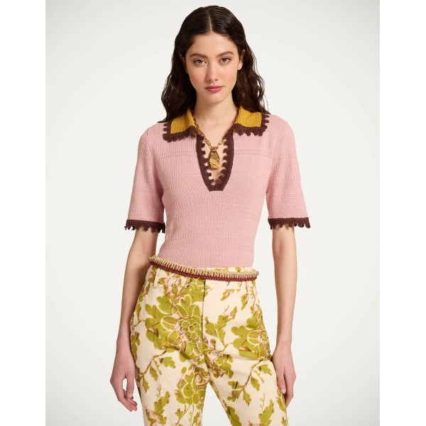 La DoubleJ Picket Polo Top in Solid Pink, view 2