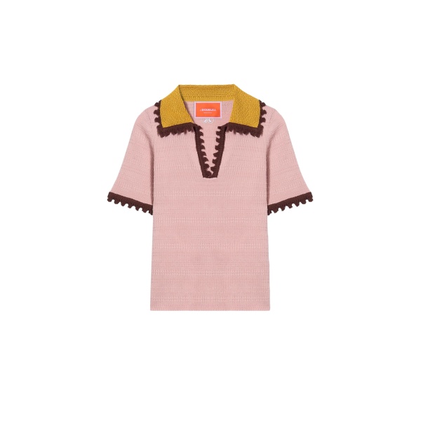 La DoubleJ Picket Polo Top in Solid Pink - Knitwear - Milanese Maximalist Fashion at Luxury Shoes 