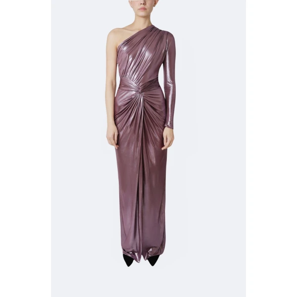 LaPointe Coated Jersey One Shoulder Draped Maxi Dress in Dark Mauve, view 2