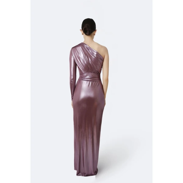 LaPointe Coated Jersey One Shoulder Draped Maxi Dress in Dark Mauve, view 3