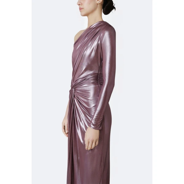 LaPointe Coated Jersey One Shoulder Draped Maxi Dress in Dark Mauve, view 4