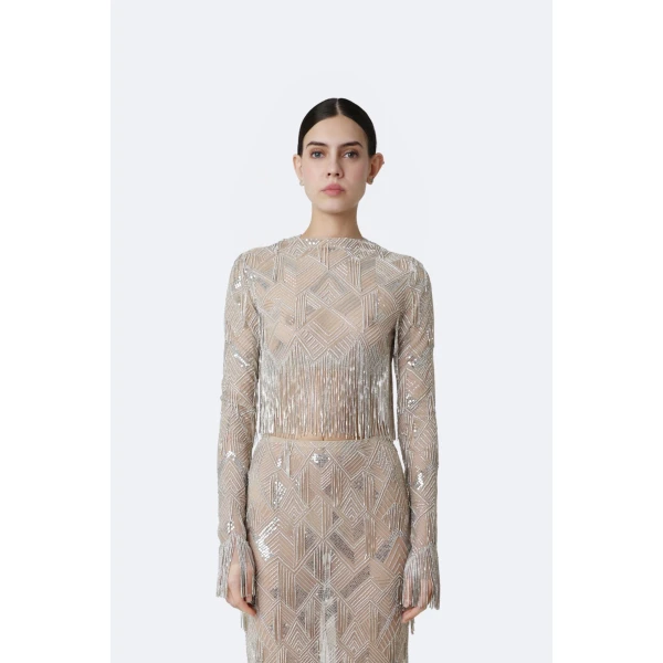 LaPointe Geometric Crystal Fringe Cropped Top in Silver, view 2
