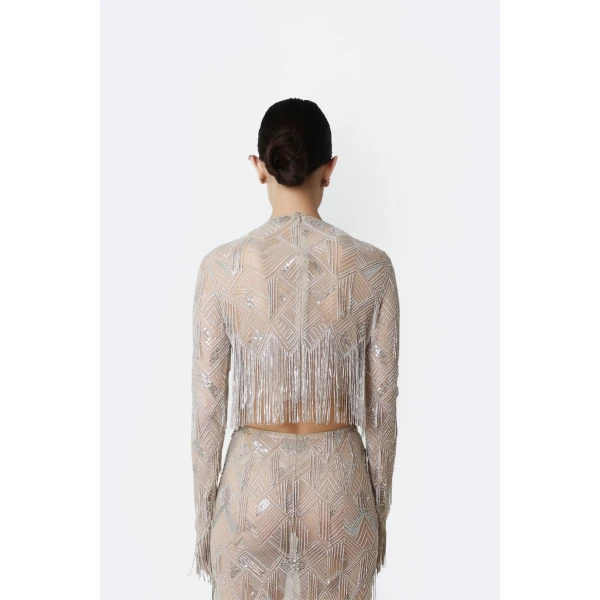LaPointe Geometric Crystal Fringe Cropped Top in Silver, view 3