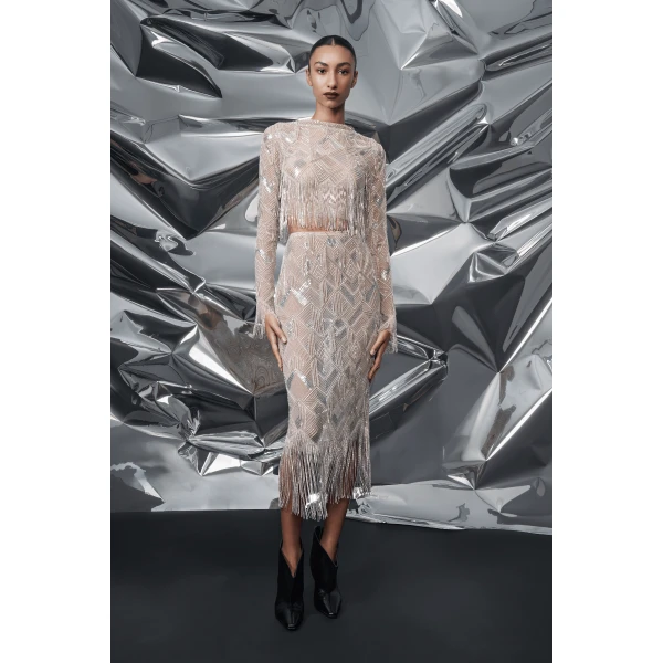 LaPointe Geometric Crystal Fringe Cropped Top in Silver, view 5