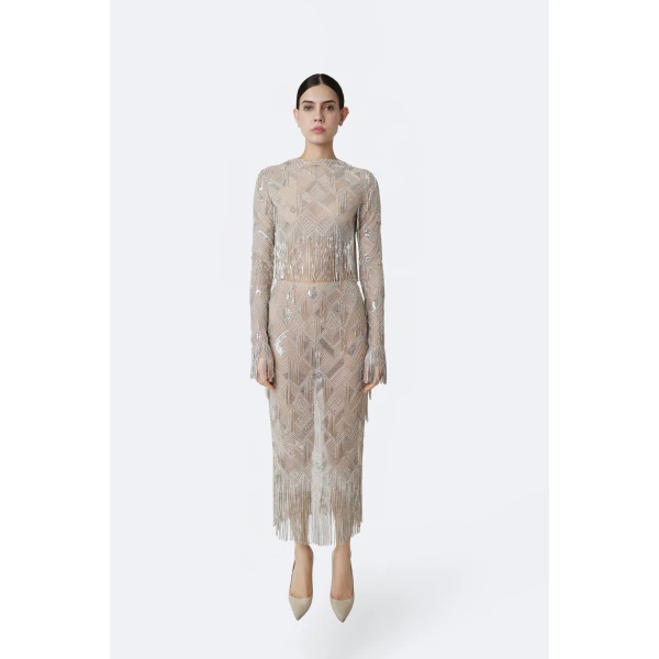 LaPointe Geometric Crystal Fringe High Waist Skirt in Silver, view 2