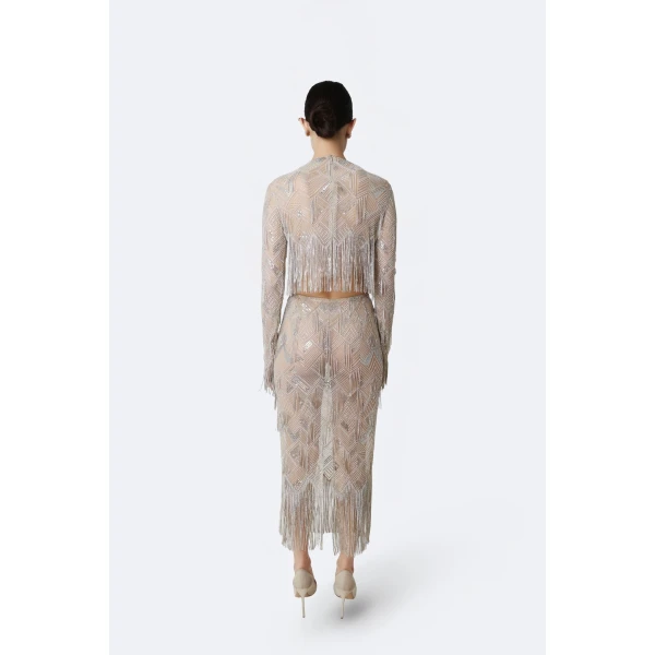 LaPointe Geometric Crystal Fringe High Waist Skirt in Silver, view 3