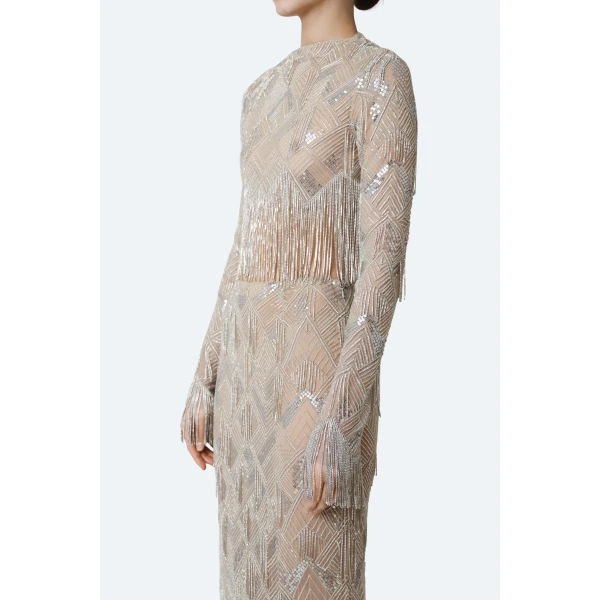 LaPointe Geometric Crystal Fringe High Waist Skirt in Silver, view 4