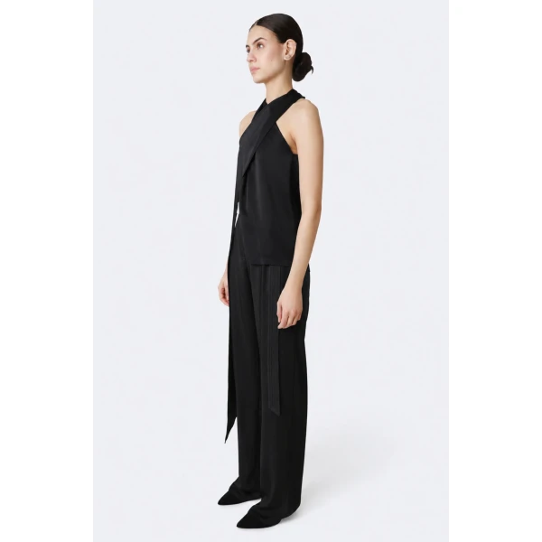 LaPointe Lightweight Satin Belted Pant in Black, view 3