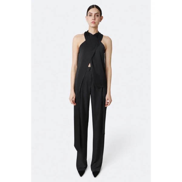 LaPointe Lightweight Satin Belted Pant in Black, view 2