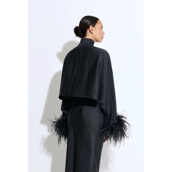 LaPointe Lightweight Satin Caftan Top With Feathers in Black, view 3