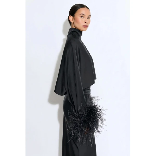 LaPointe Lightweight Satin Caftan Top With Feathers in Black, view 4