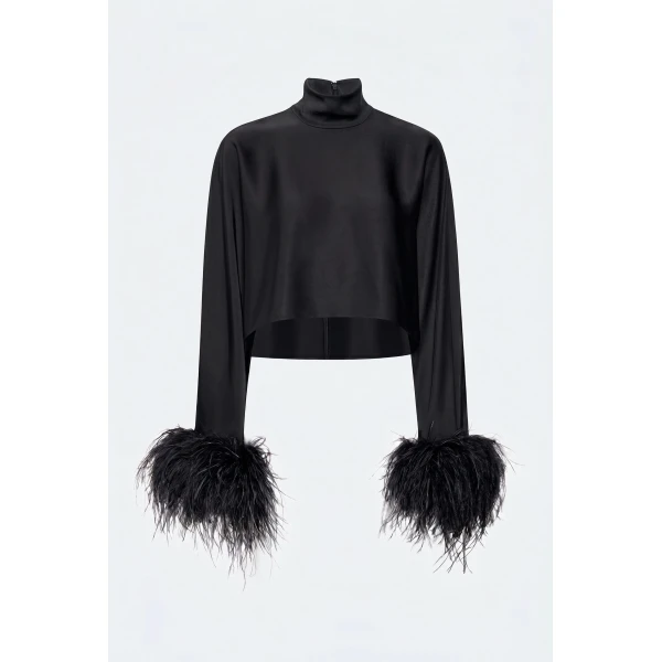 LaPointe Lightweight Satin Caftan Top With Feathers in Black, view 5