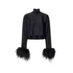 LaPointe Lightweight Satin Caftan Top With Feathers in Black