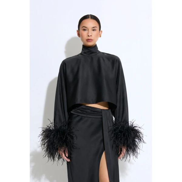 LaPointe Lightweight Satin Caftan Top With Feathers in Black, view 2