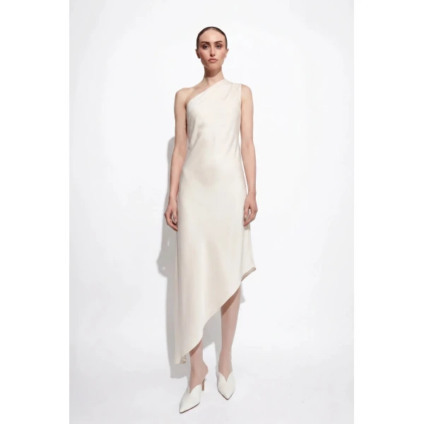 LaPointe Lightweight Satin One Shoulder Dress in Cream, view 2