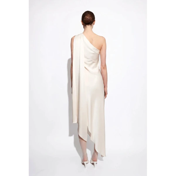 LaPointe Lightweight Satin One Shoulder Dress in Cream, view 3