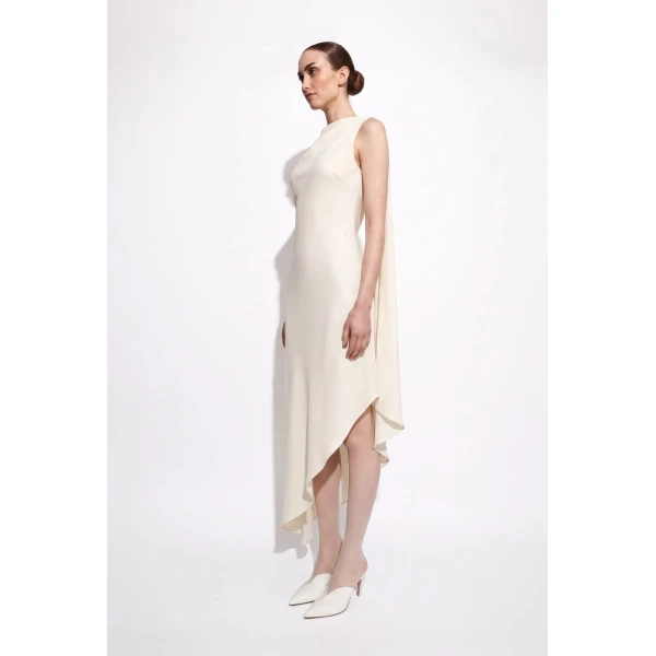 LaPointe Lightweight Satin One Shoulder Dress in Cream, view 4