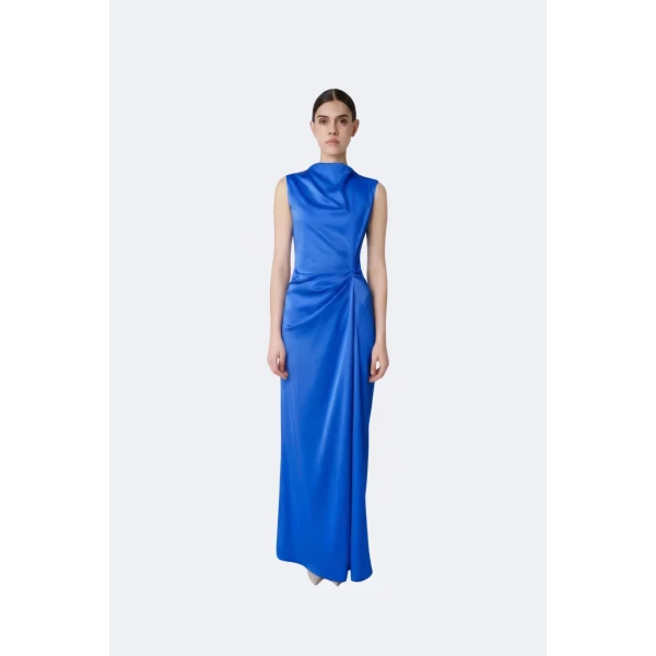 LaPointe Lightweight Satin Sleeveless Gown With Tucks in Royal Blue, view 2