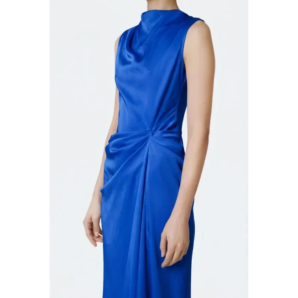 LaPointe Lightweight Satin Sleeveless Gown With Tucks in Royal Blue, view 4