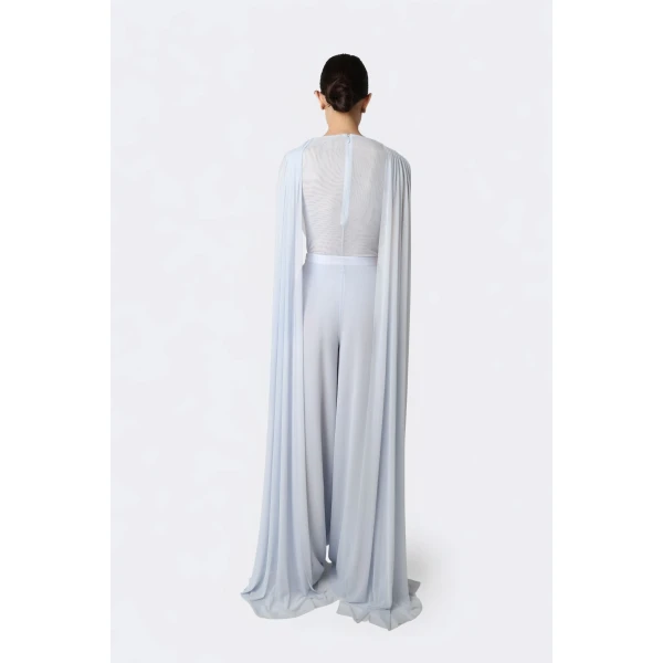 LaPointe Mesh Cowl Neck Cape Bodysuit in Cloud, view 3