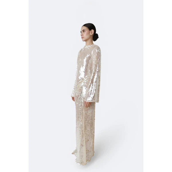 LaPointe Mesh Sequin Longsleeve Gown With Side Tucks in Ecru, view 2