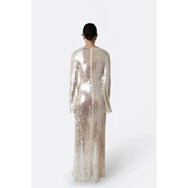 LaPointe Mesh Sequin Longsleeve Gown With Side Tucks in Ecru, view 3