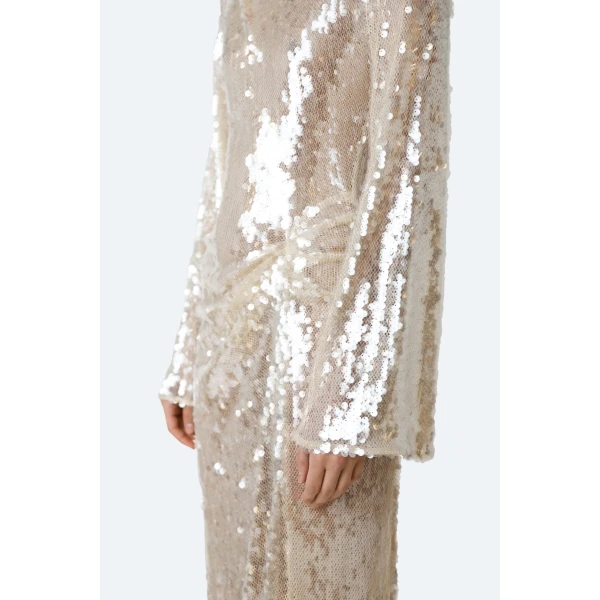 LaPointe Mesh Sequin Longsleeve Gown With Side Tucks in Ecru, view 4