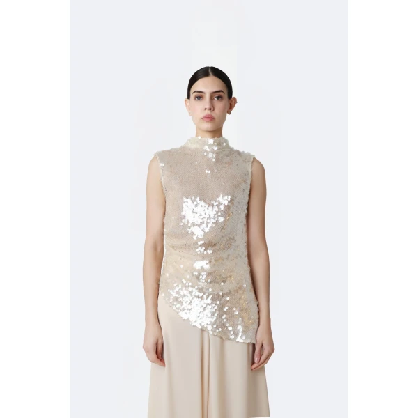 LaPointe Mesh Sequin Mockneck Top With Pleats in Ecru, view 2